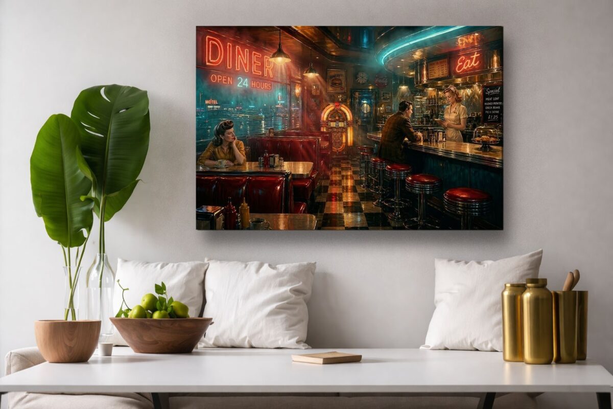57-1211.jpg American Diner Szene Neonlicht und Jukebox - Bildauf Leinwand