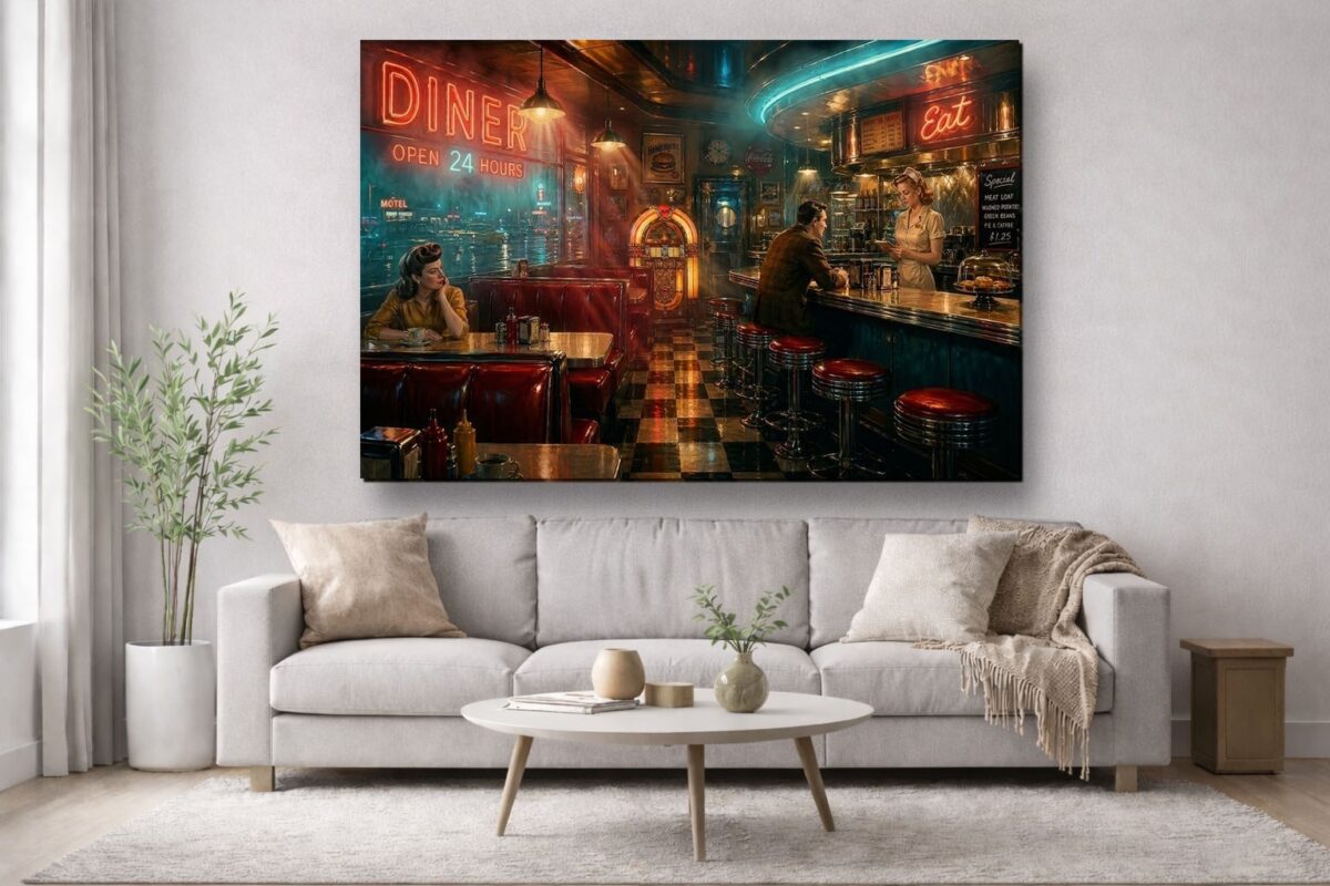 57-1212.jpg American Diner Szene Neonlicht und Jukebox - Bildauf Leinwand