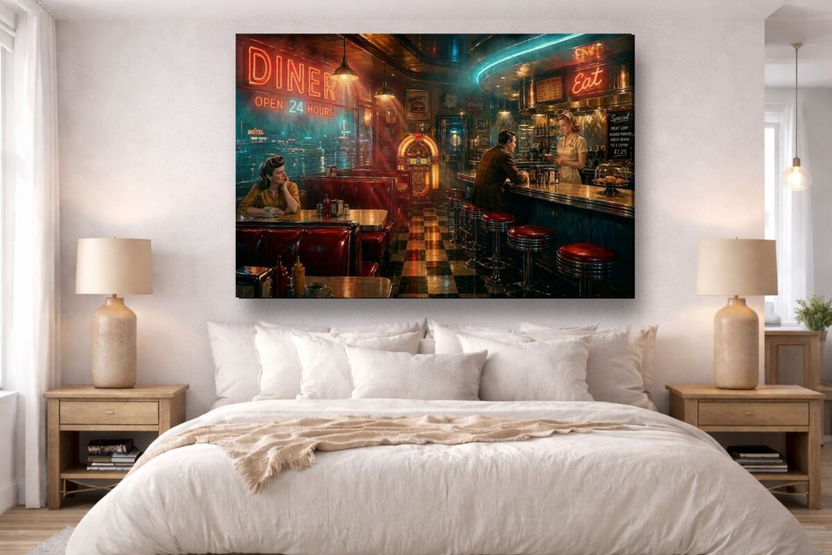 57-1213.jpg American Diner Szene Neonlicht und Jukebox - Bildauf Leinwand