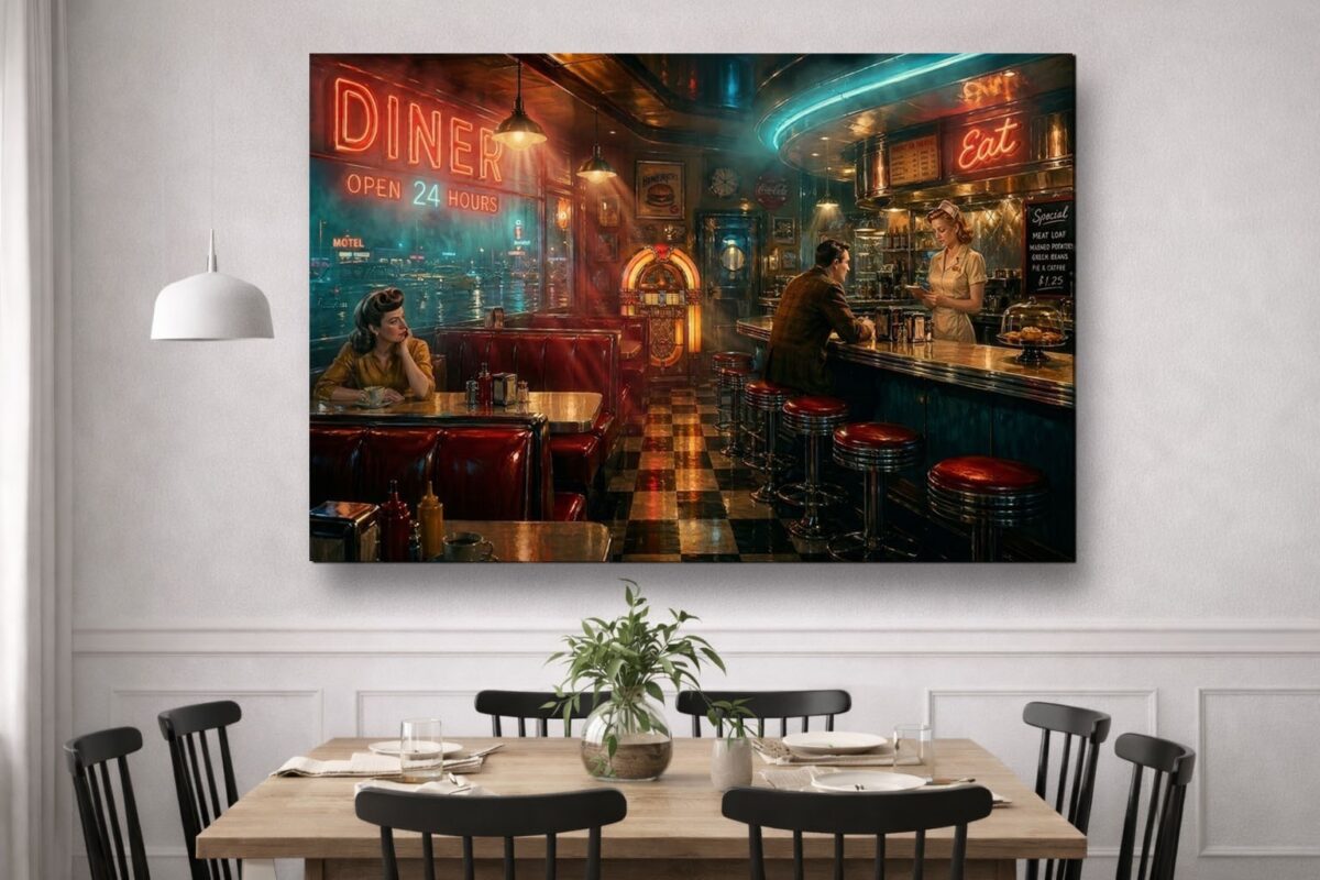 57-1214.jpg American Diner Szene Neonlicht und Jukebox - Bildauf Leinwand