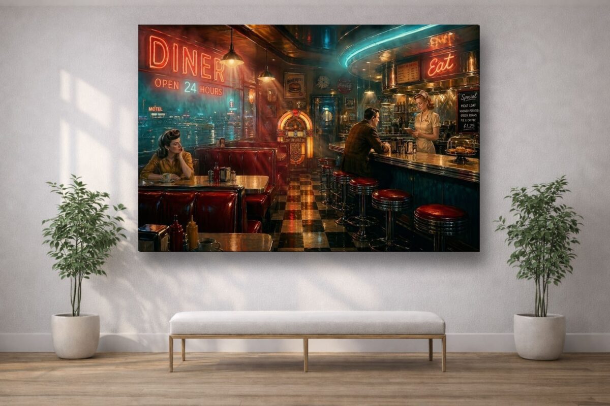 57-1215.jpg American Diner Szene Neonlicht und Jukebox - Bildauf Leinwand