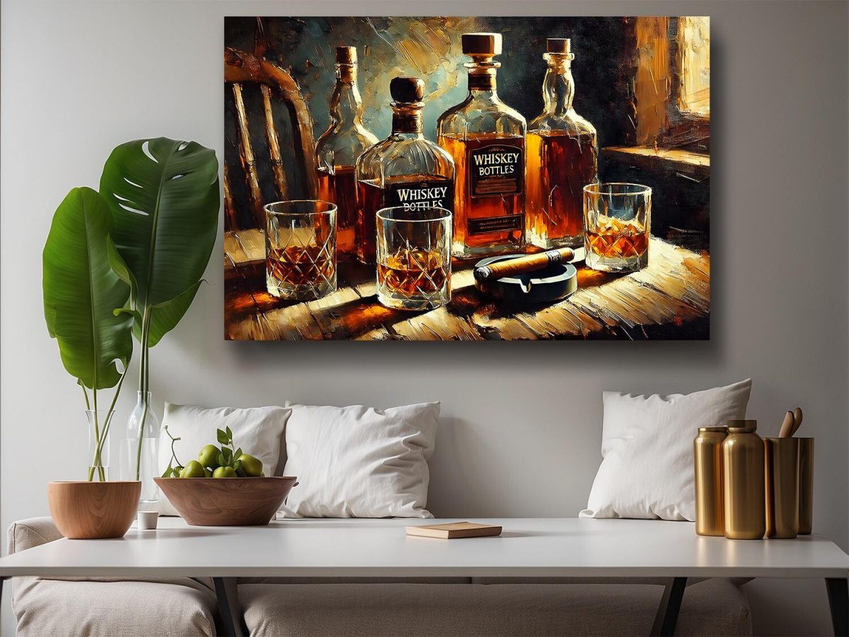 Whiskyflaschen und Gläser mit Zigarrre , Digital Art, KI