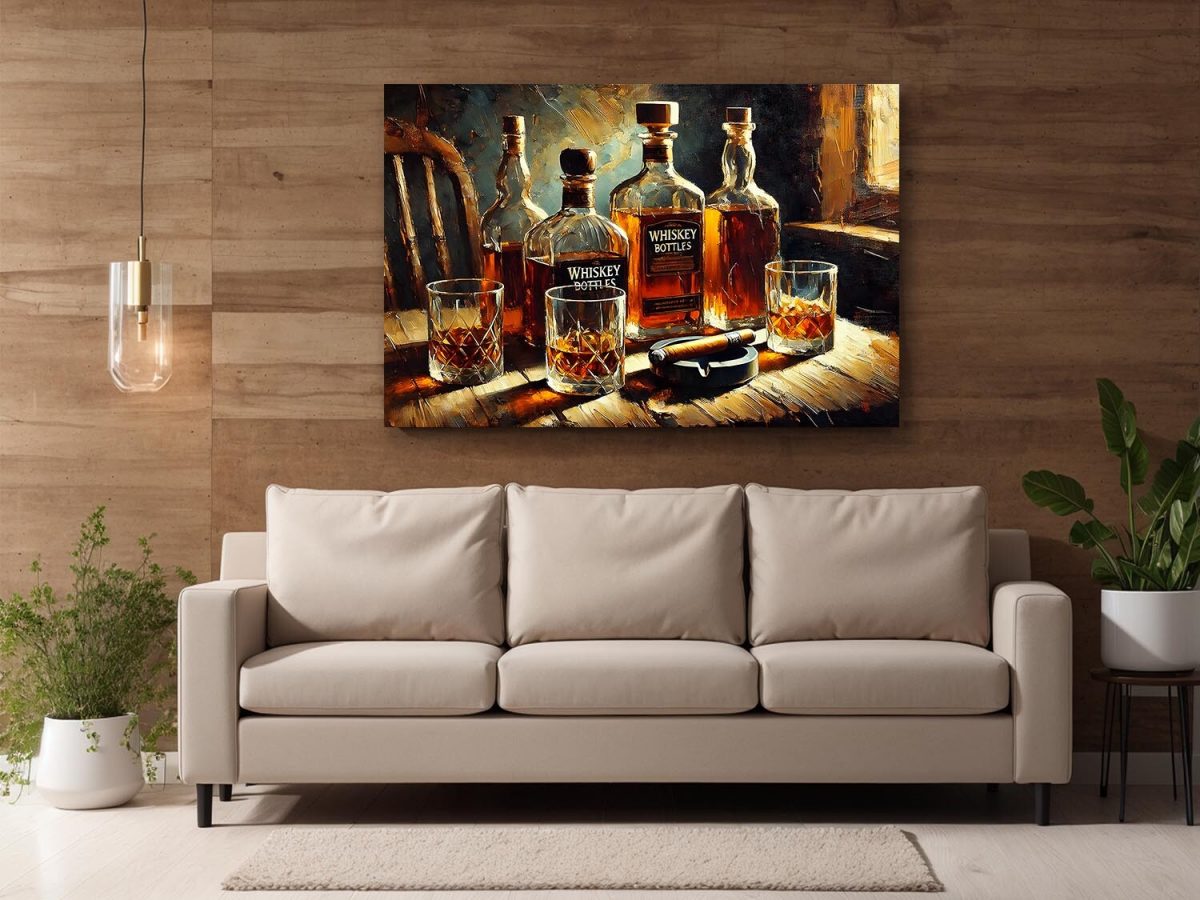 Whiskyflaschen und Gläser mit Zigarrre , Digital Art, KI