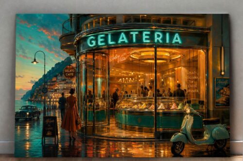 Gelateria an der Amalfiküste – Dolce Vita im Abendlicht- Bild auf Leinwand