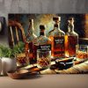 Whiskyflaschen und Gläser mit Zigarrre , Digital Art, KI