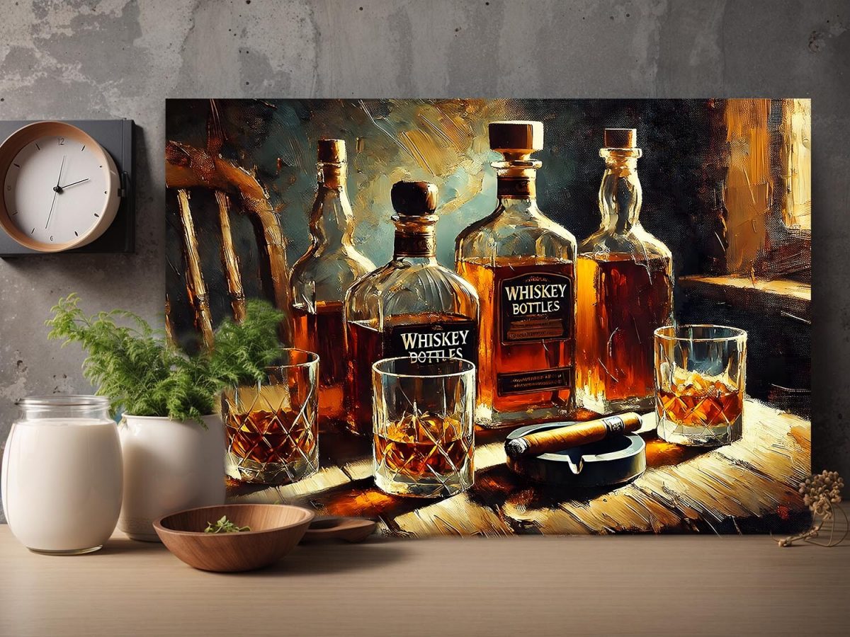 Whiskyflaschen und Gläser mit Zigarrre , Digital Art, KI