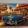 57-1259.jpg American Diner Szene bei Sonnenuntergang mit blauem Oldtimer - Bildauf Leinwand