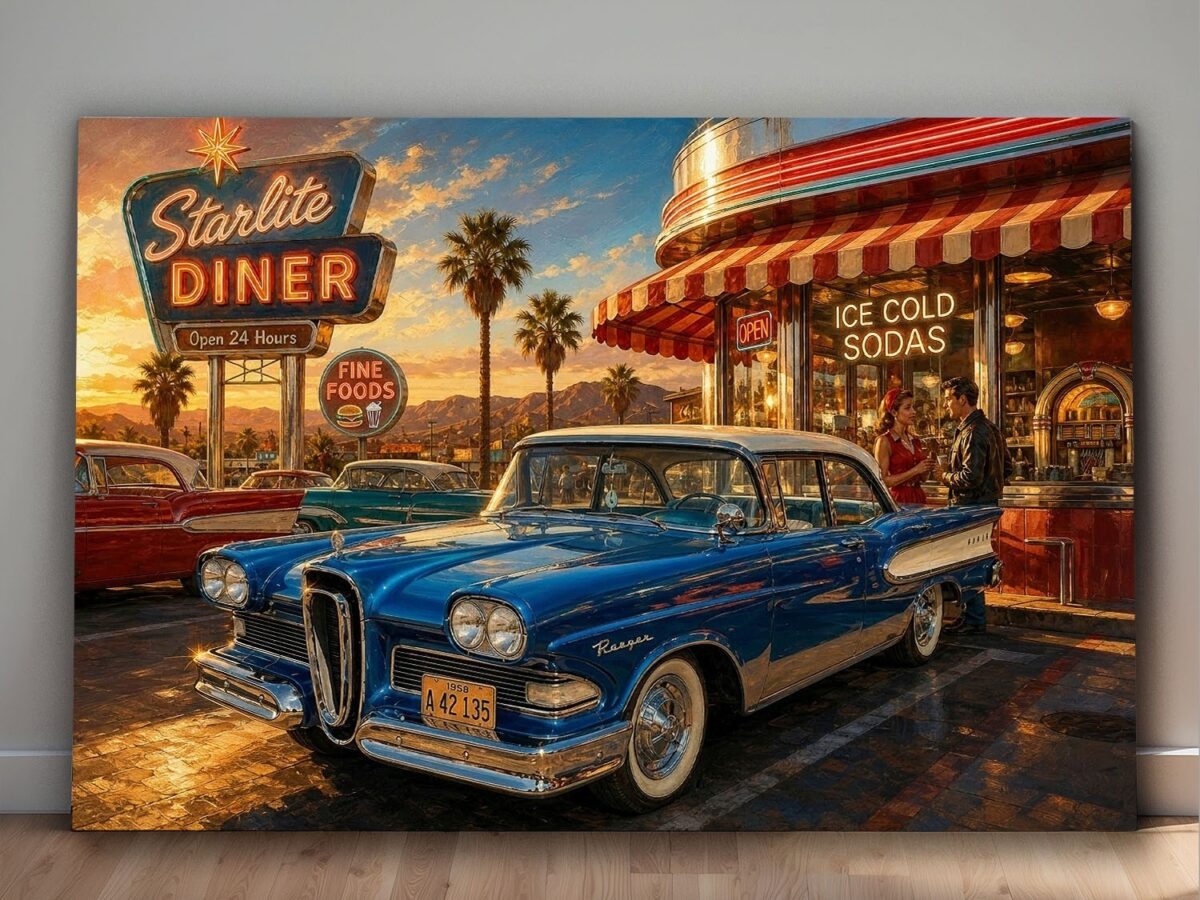 57-1259.jpg American Diner Szene bei Sonnenuntergang mit blauem Oldtimer - Bildauf Leinwand