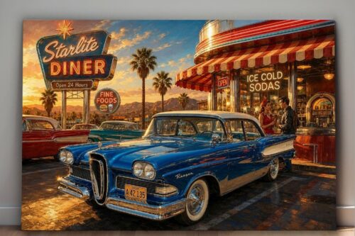 American Diner Szene bei Sonnenuntergang mit blauem Oldtimer - Bildauf Leinwand