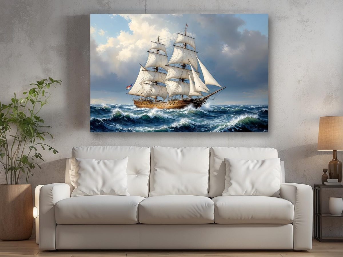 Historisches Segelschiff im Spiel von Wind und Wellen, Bild auf Leinwand