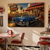 57-1260.jpg American Diner Szene bei Sonnenuntergang mit blauem Oldtimer - Bildauf Leinwand