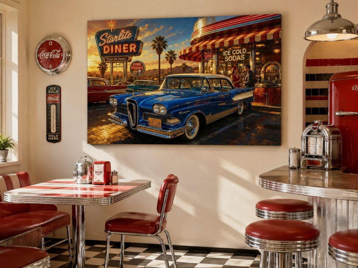 57-1260.jpg American Diner Szene bei Sonnenuntergang mit blauem Oldtimer - Bildauf Leinwand