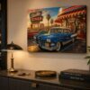 57-1261.jpg American Diner Szene bei Sonnenuntergang mit blauem Oldtimer - Bildauf Leinwand