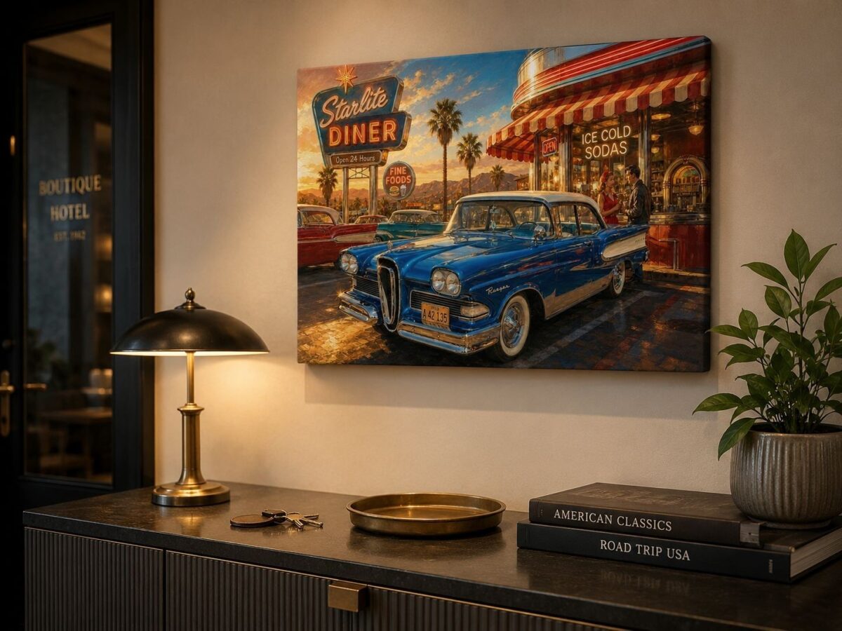 57-1261.jpg American Diner Szene bei Sonnenuntergang mit blauem Oldtimer - Bildauf Leinwand
