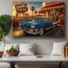 57-1262.jpg American Diner Szene bei Sonnenuntergang mit blauem Oldtimer - Bildauf Leinwand