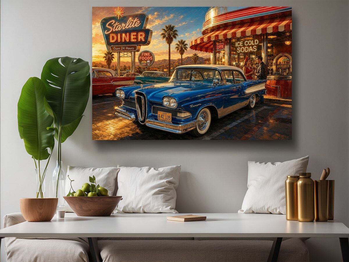 57-1262.jpg American Diner Szene bei Sonnenuntergang mit blauem Oldtimer - Bildauf Leinwand