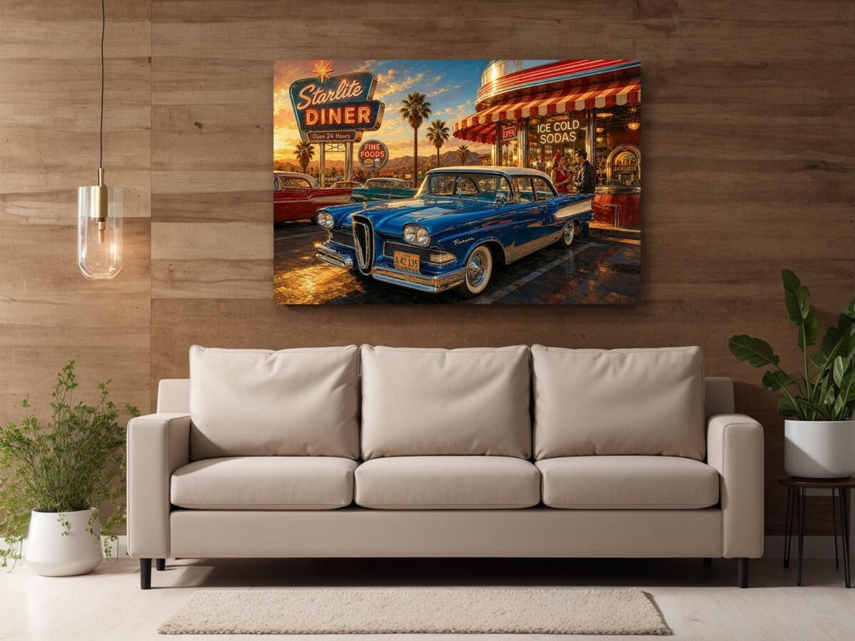 57-1263.jpg American Diner Szene bei Sonnenuntergang mit blauem Oldtimer - Bildauf Leinwand