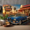 57-1264.jpg American Diner Szene bei Sonnenuntergang mit blauem Oldtimer - Bildauf Leinwand