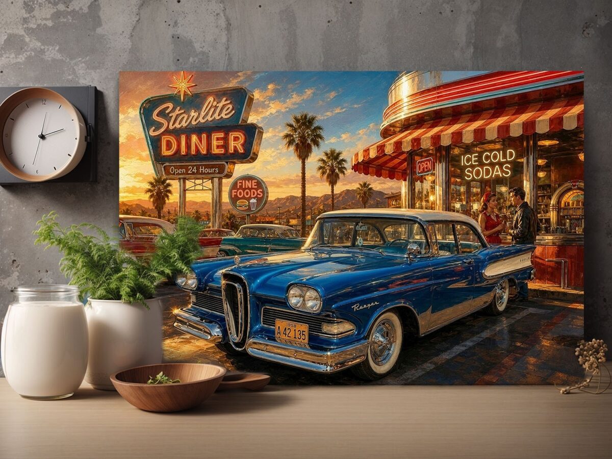 57-1264.jpg American Diner Szene bei Sonnenuntergang mit blauem Oldtimer - Bildauf Leinwand