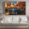 57-1265.jpg American Diner Szene bei Sonnenuntergang mit blauem Oldtimer - Bildauf Leinwand