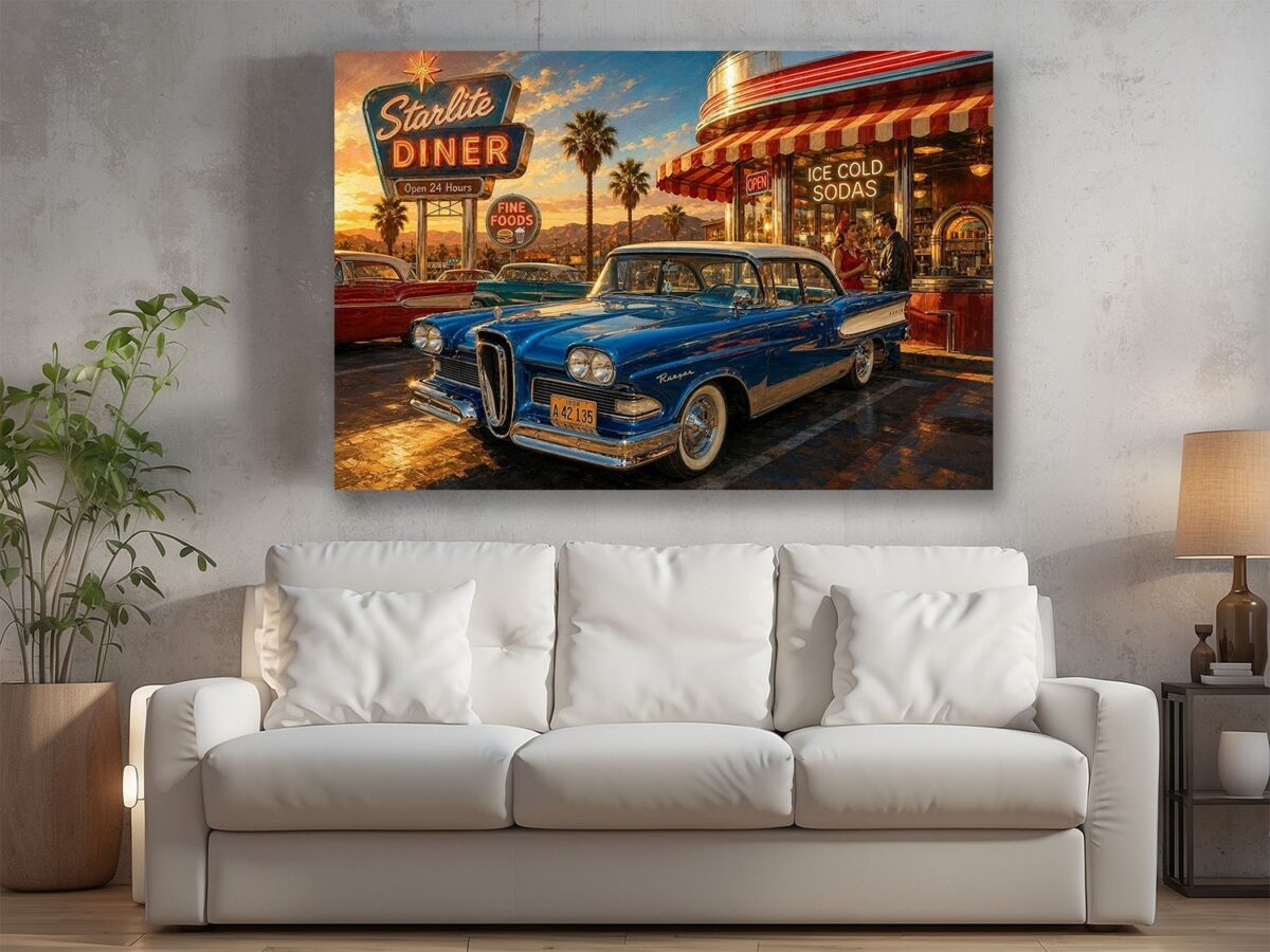 57-1265.jpg American Diner Szene bei Sonnenuntergang mit blauem Oldtimer - Bildauf Leinwand