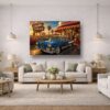 57-1266.jpg American Diner Szene bei Sonnenuntergang mit blauem Oldtimer - Bildauf Leinwand