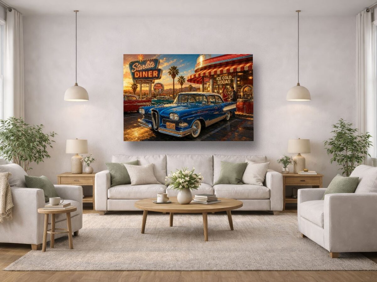 57-1266.jpg American Diner Szene bei Sonnenuntergang mit blauem Oldtimer - Bildauf Leinwand