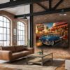 57-1268.jpg American Diner Szene bei Sonnenuntergang mit blauem Oldtimer - Bildauf Leinwand
