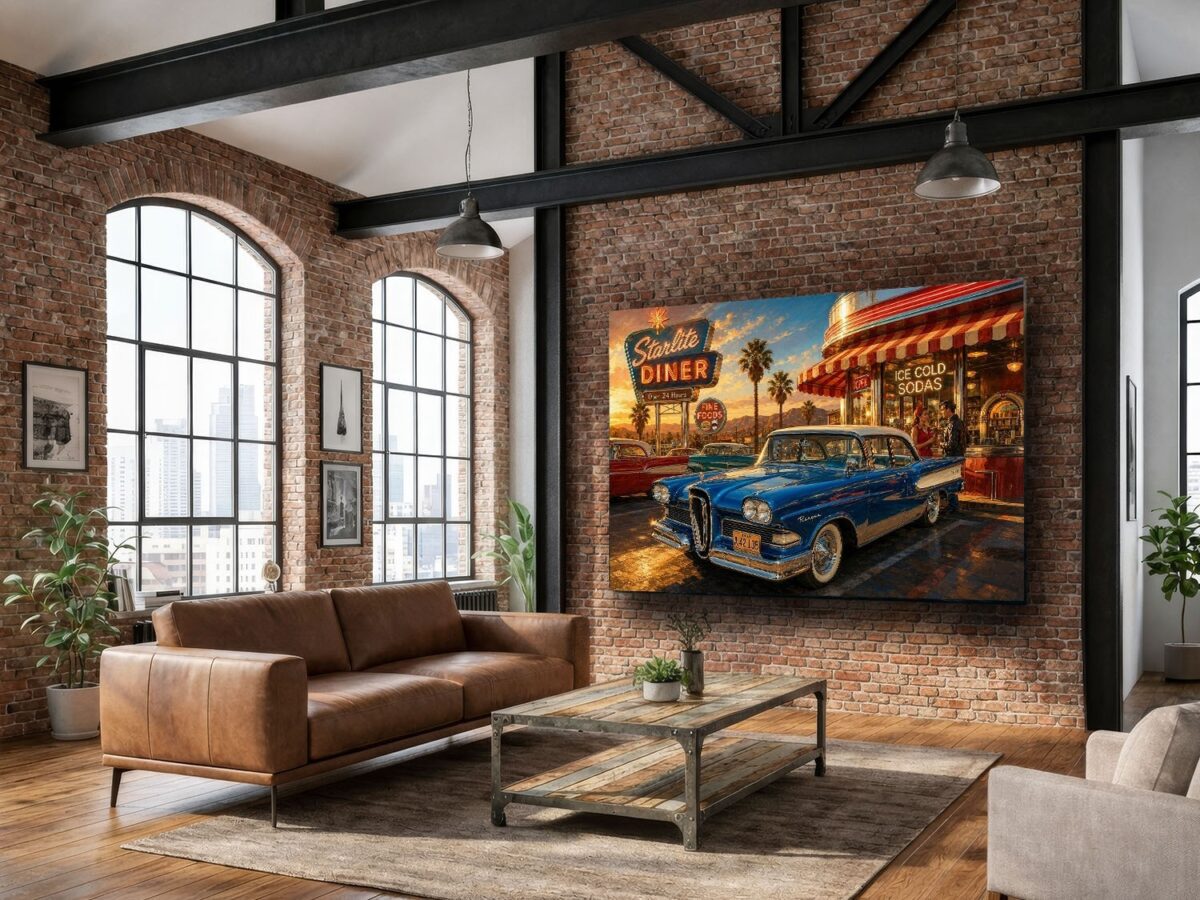 57-1268.jpg American Diner Szene bei Sonnenuntergang mit blauem Oldtimer - Bildauf Leinwand