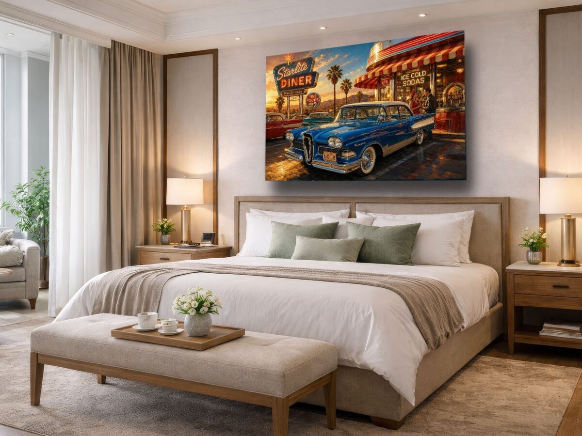 57-1269.jpg American Diner Szene bei Sonnenuntergang mit blauem Oldtimer - Bildauf Leinwand