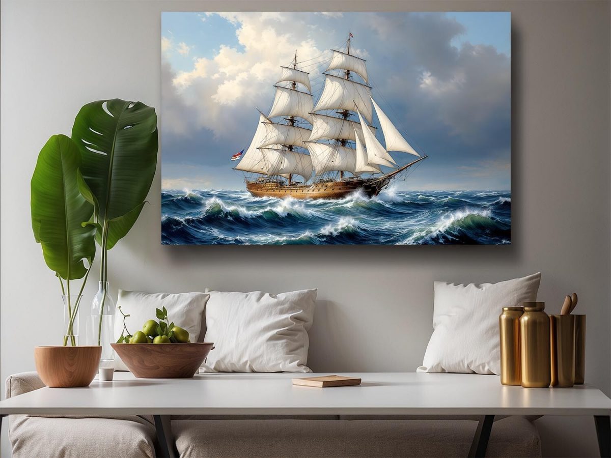 Historisches Segelschiff im Spiel von Wind und Wellen, Bild auf Leinwand