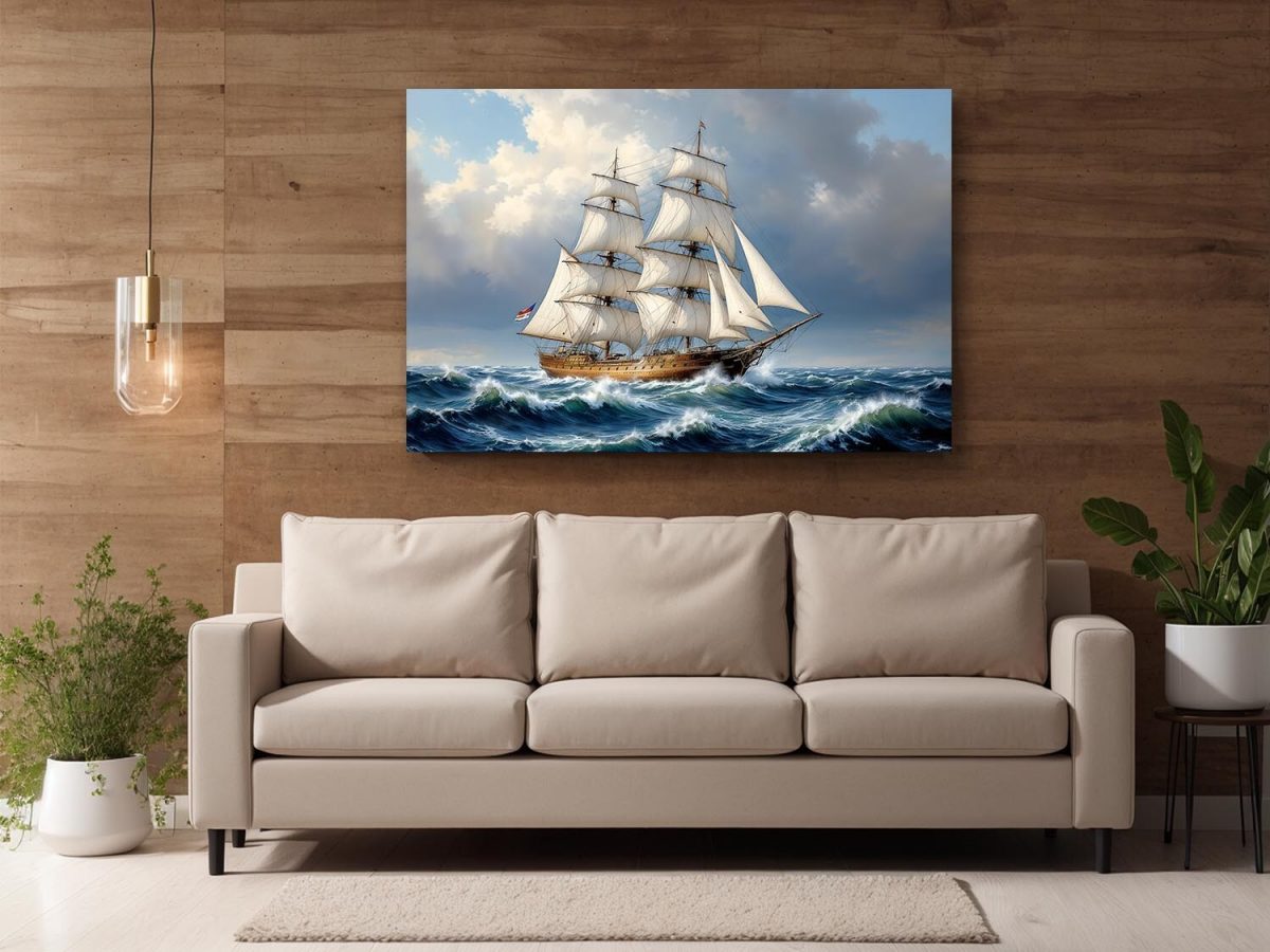 Historisches Segelschiff im Spiel von Wind und Wellen, Bild auf Leinwand