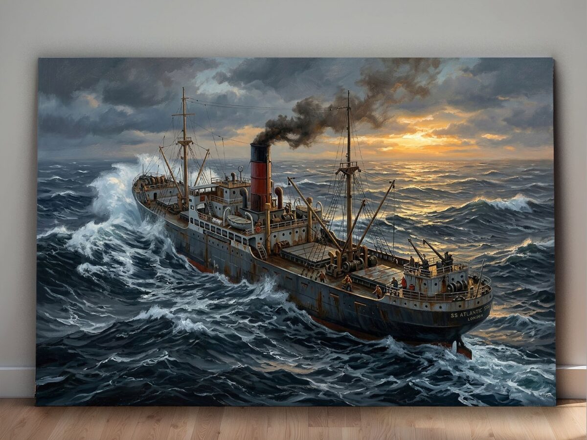 57-1281.jpg Frachtschiff im Sturm bei Sonnenuntergang - maritimes Bild auf Leinwand