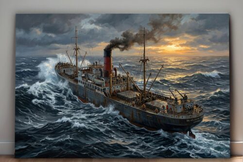 Frachtschiff im Sturm bei Sonnenuntergang - maritimes Bild auf Leinwand