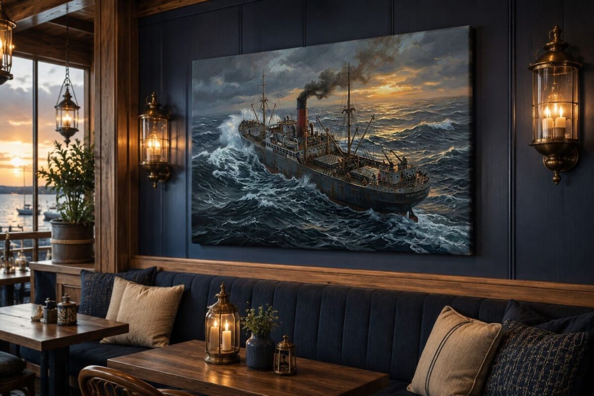 57-1282.jpg Frachtschiff im Sturm bei Sonnenuntergang - maritimes Bild auf Leinwand