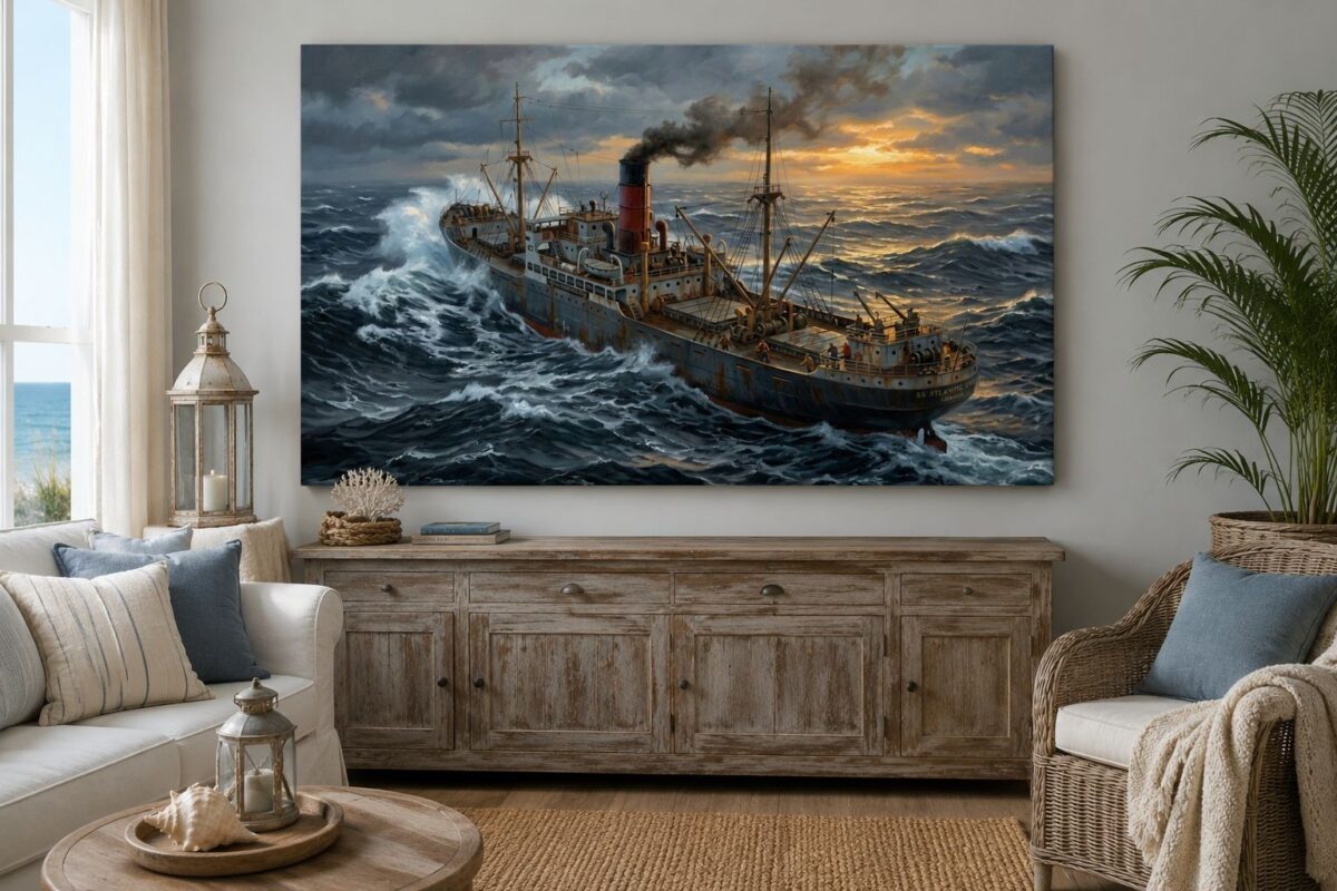 57-1283.jpg Frachtschiff im Sturm bei Sonnenuntergang - maritimes Bild auf Leinwand