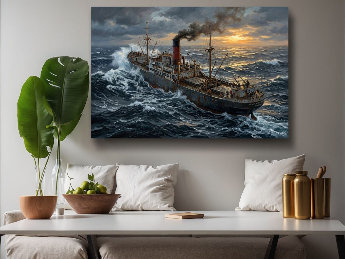 57-1284.jpg Frachtschiff im Sturm bei Sonnenuntergang - maritimes Bild auf Leinwand