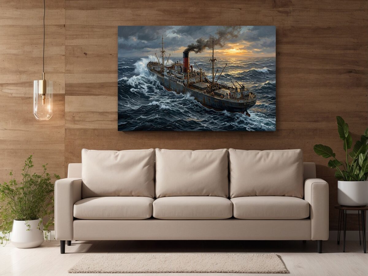 57-1285.jpg Frachtschiff im Sturm bei Sonnenuntergang - maritimes Bild auf Leinwand