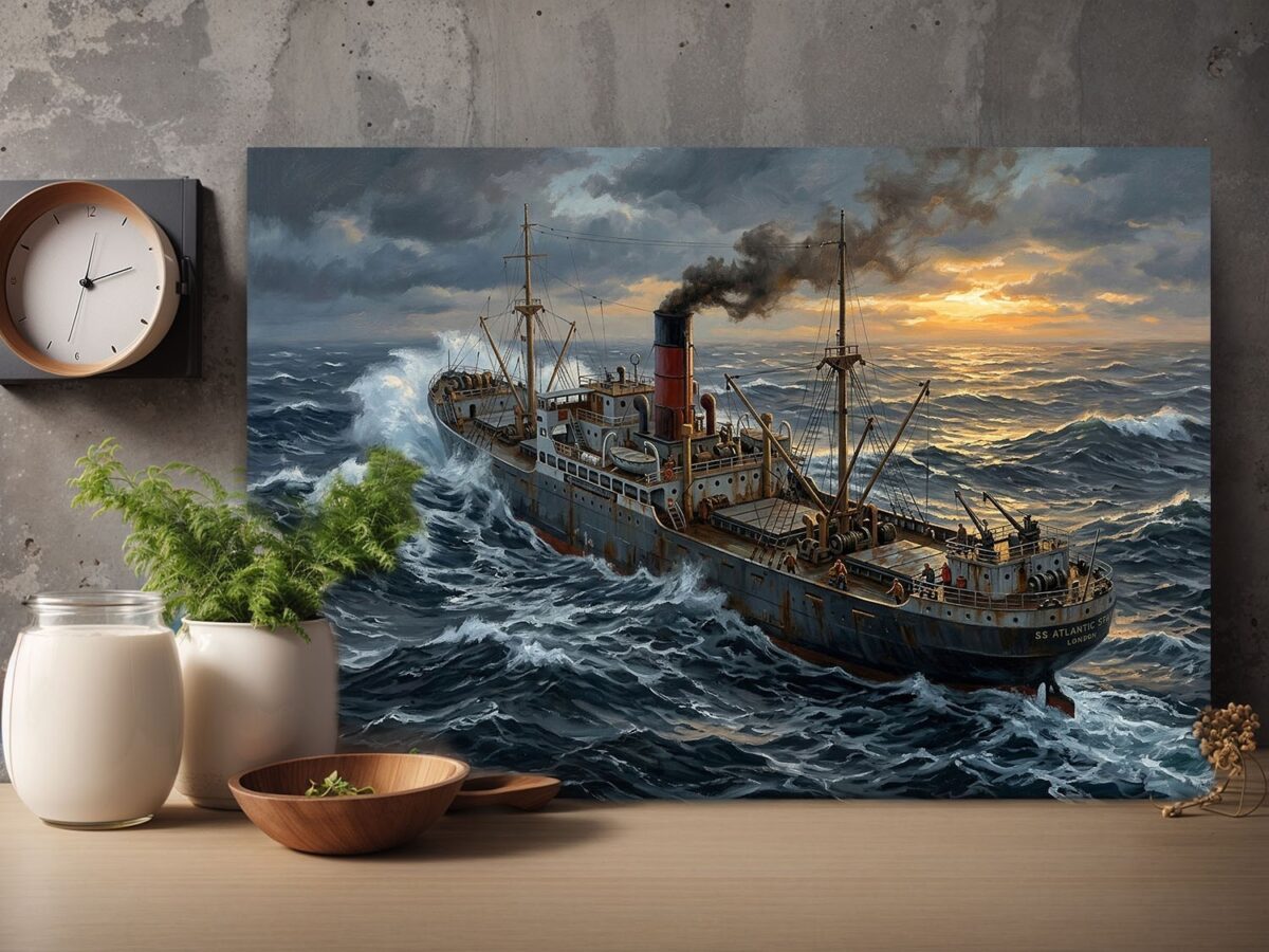 57-1286.jpg Frachtschiff im Sturm bei Sonnenuntergang - maritimes Bild auf Leinwand