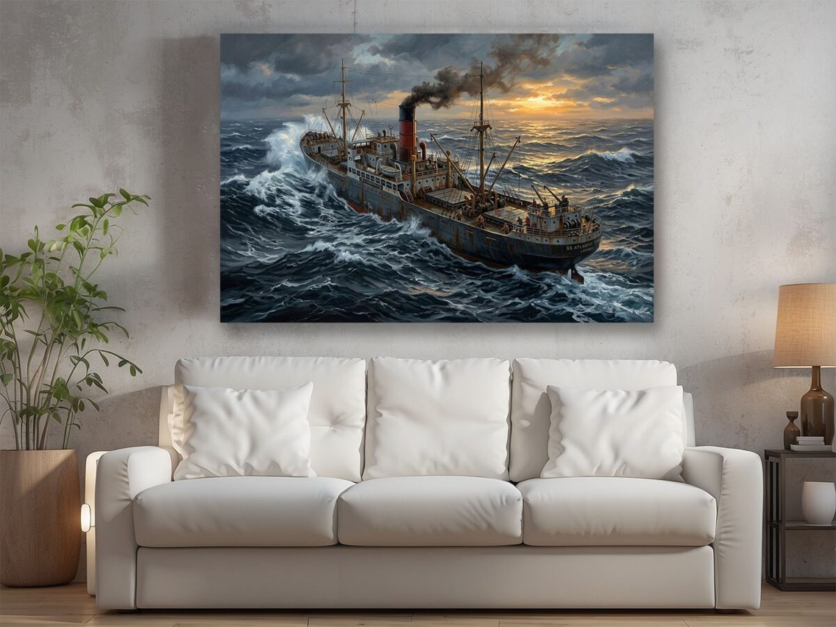 57-1287.jpg Frachtschiff im Sturm bei Sonnenuntergang - maritimes Bild auf Leinwand
