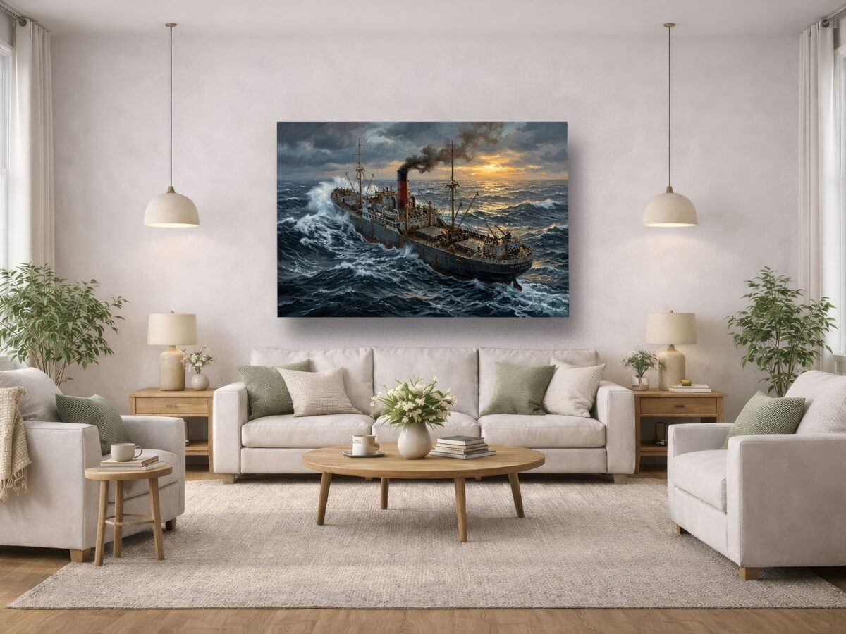 57-1288.jpg Frachtschiff im Sturm bei Sonnenuntergang - maritimes Bild auf Leinwand