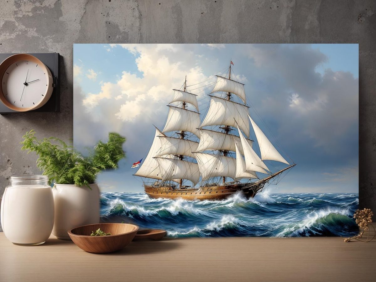 Historisches Segelschiff im Spiel von Wind und Wellen, Bild auf Leinwand