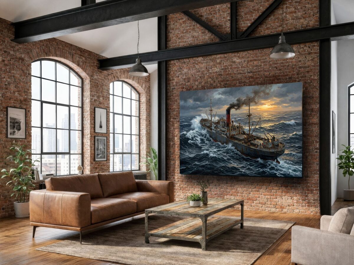 57-1290.jpg Frachtschiff im Sturm bei Sonnenuntergang - maritimes Bild auf Leinwand