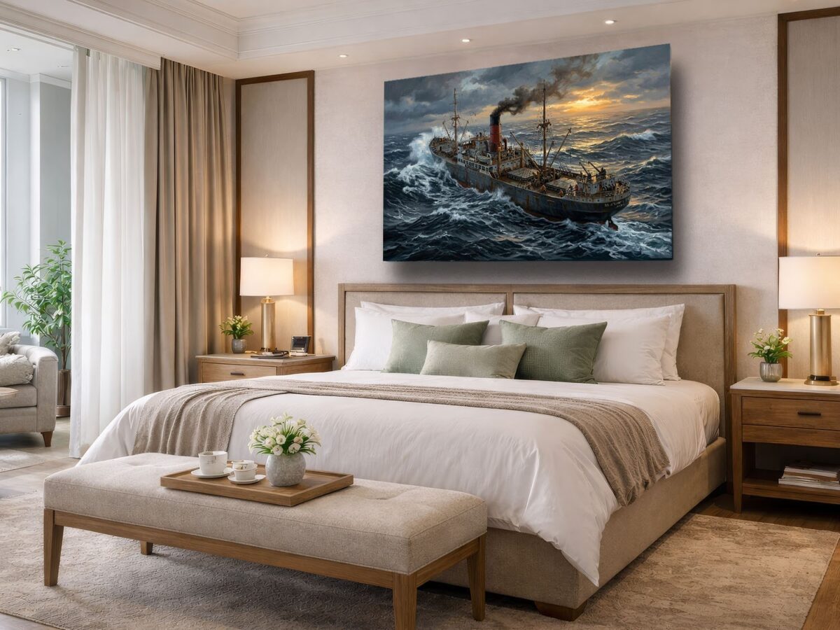 57-1291.jpg Frachtschiff im Sturm bei Sonnenuntergang - maritimes Bild auf Leinwand