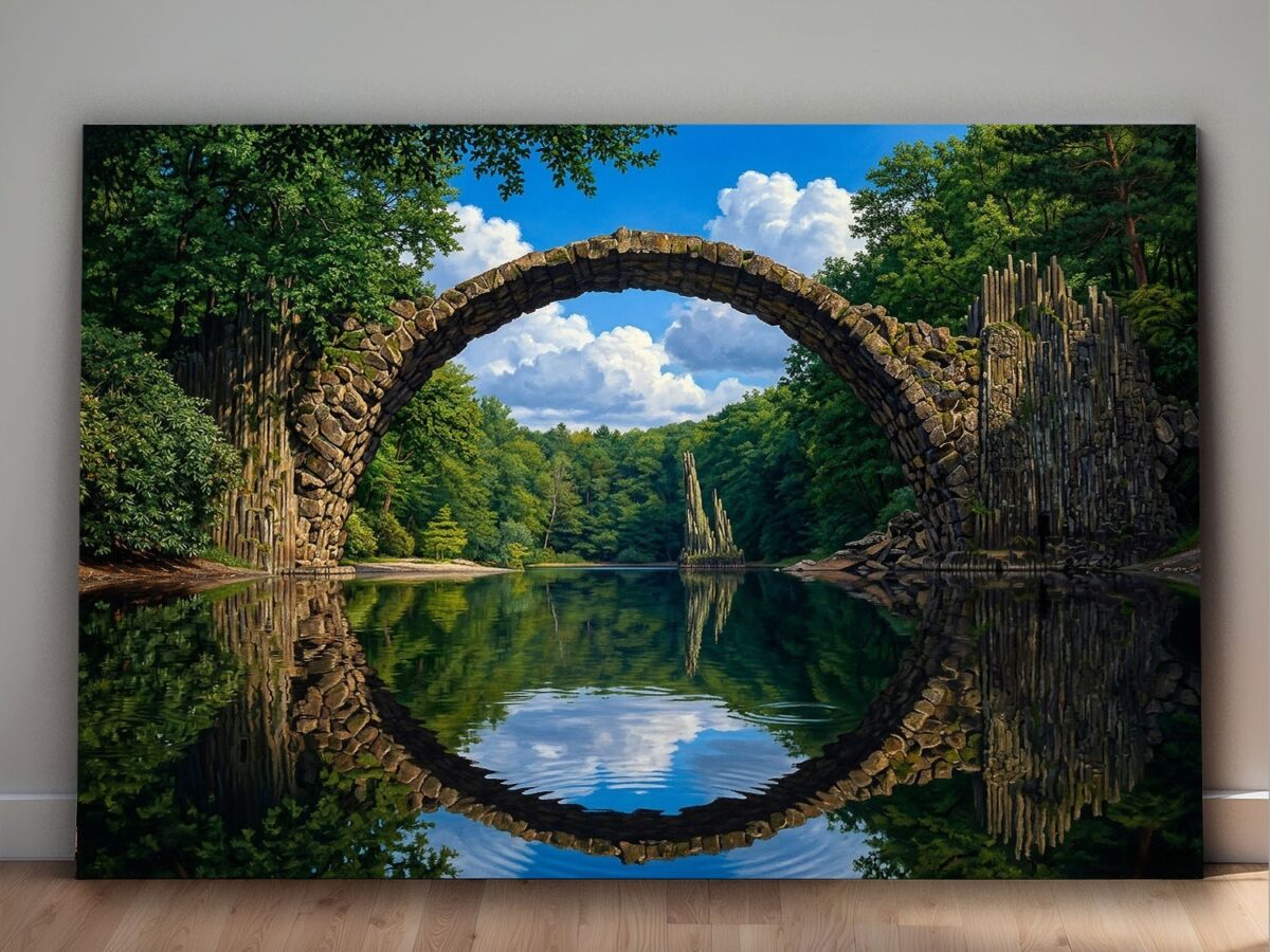 57-1292.jpg Leinwandbild Steinbogenbrücke Wald See Natur Wandbild Canvas
