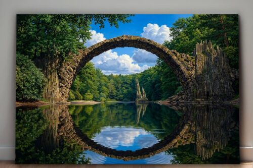 Leinwandbild Steinbogenbrücke Wald See Natur Wandbild Canvas