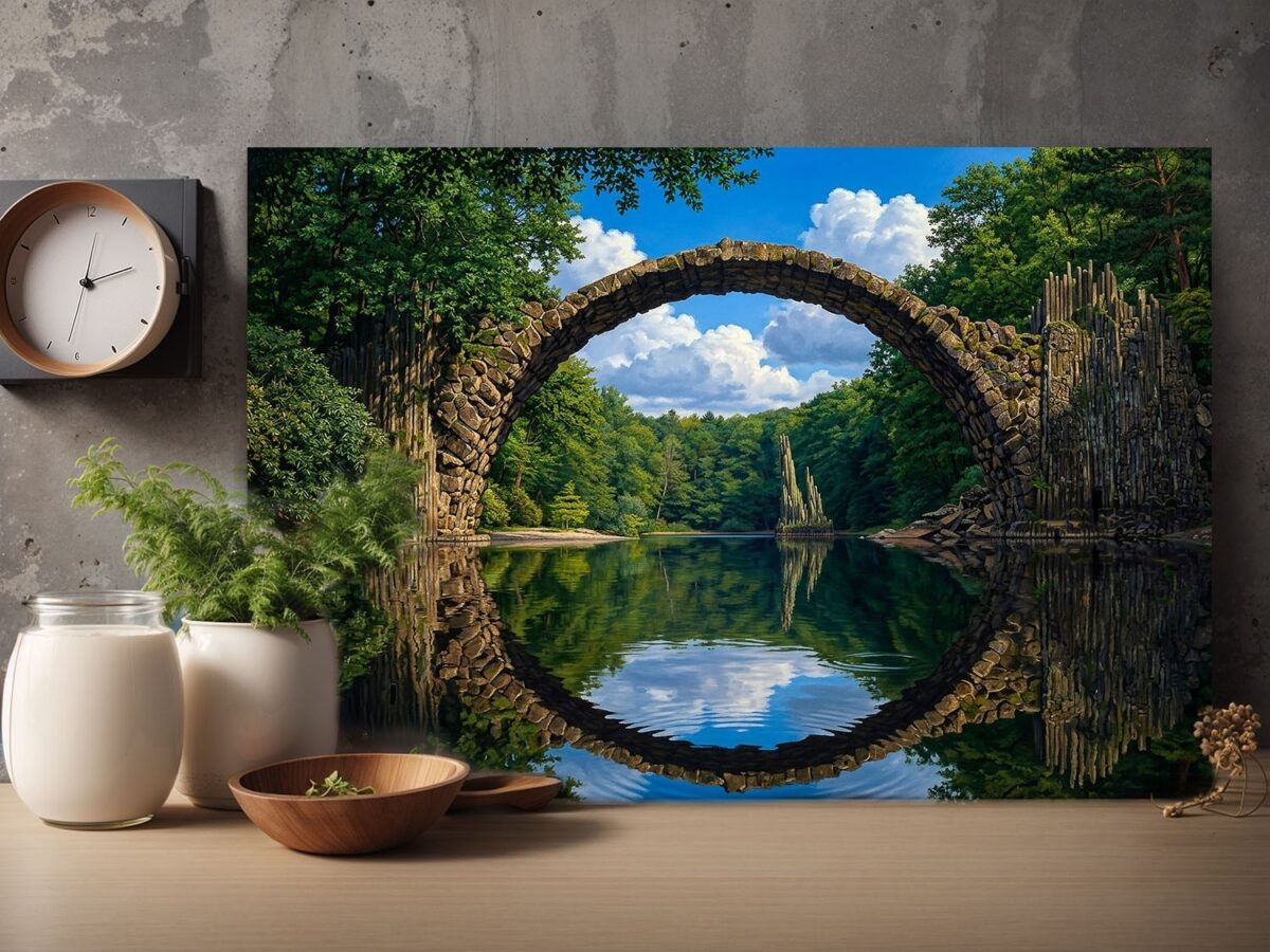 57-1295.jpg Leinwandbild Steinbogenbrücke Wald See Natur Wandbild Canvas