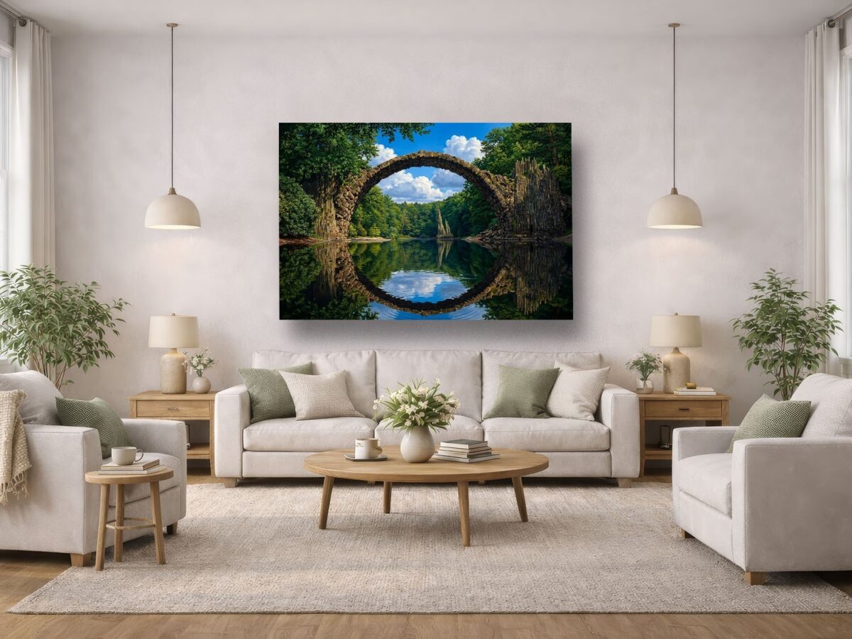 57-1297.jpg Leinwandbild Steinbogenbrücke Wald See Natur Wandbild Canvas