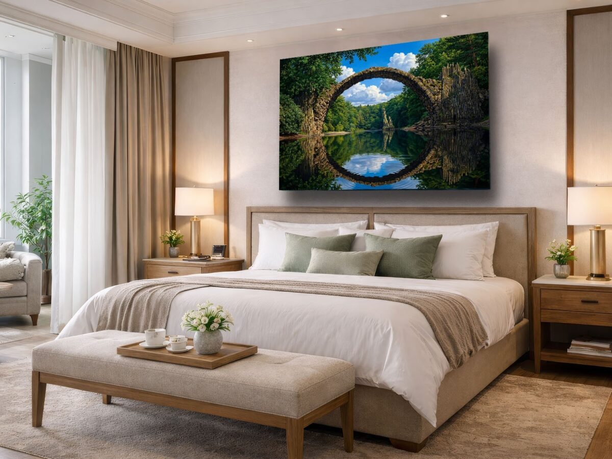 57-1300.jpg Leinwandbild Steinbogenbrücke Wald See Natur Wandbild Canvas