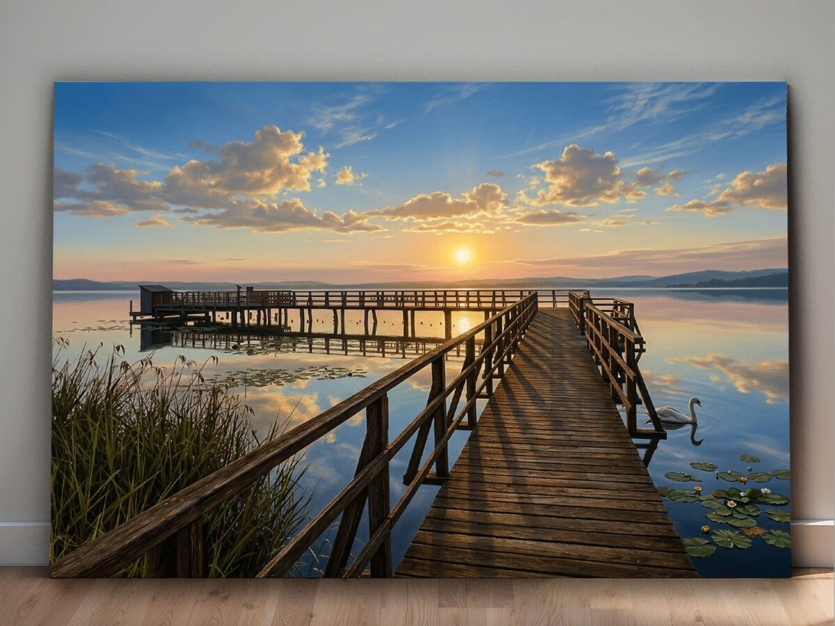 Leinwandbild Sonnenuntergang am See mit Holzsteg, Schwan in ruhiger Natur